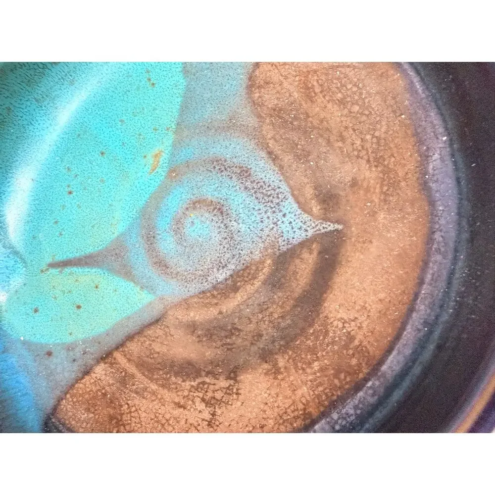 Studio Pottery Double Handle Bowl Turquoise Brown Art Pottery Dish Signed 9.5